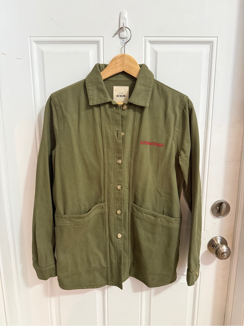 Sezane Olive Green Utility Denim Jacket - Size Small